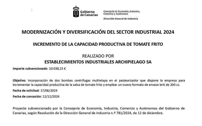 Subvención para el incremento de la capacidad de producción de tomate frito 2024